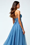 Sweetheart Grey Blue A Line Long Prom Dress with Slit