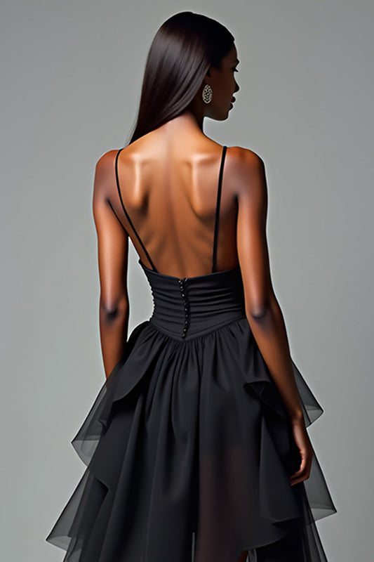 Tiered Tea Length Black A Line V-Neck Graduation Dress
