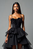 Tiered Tea Length Black A Line V-Neck Graduation Dress