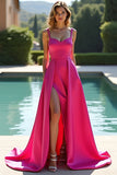 Satin Fuchsia A Line Sweetheart Long Prom Dress with Slit