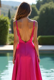 Satin Fuchsia A Line Sweetheart Long Prom Dress with Slit
