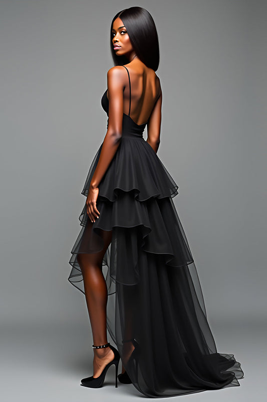 Spaghetti Straps Tiered Black A Line Long Black Tie Dress with Slit