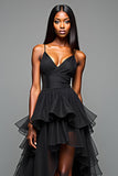 Spaghetti Straps Tiered Black A Line Long Black Tie Dress with Slit