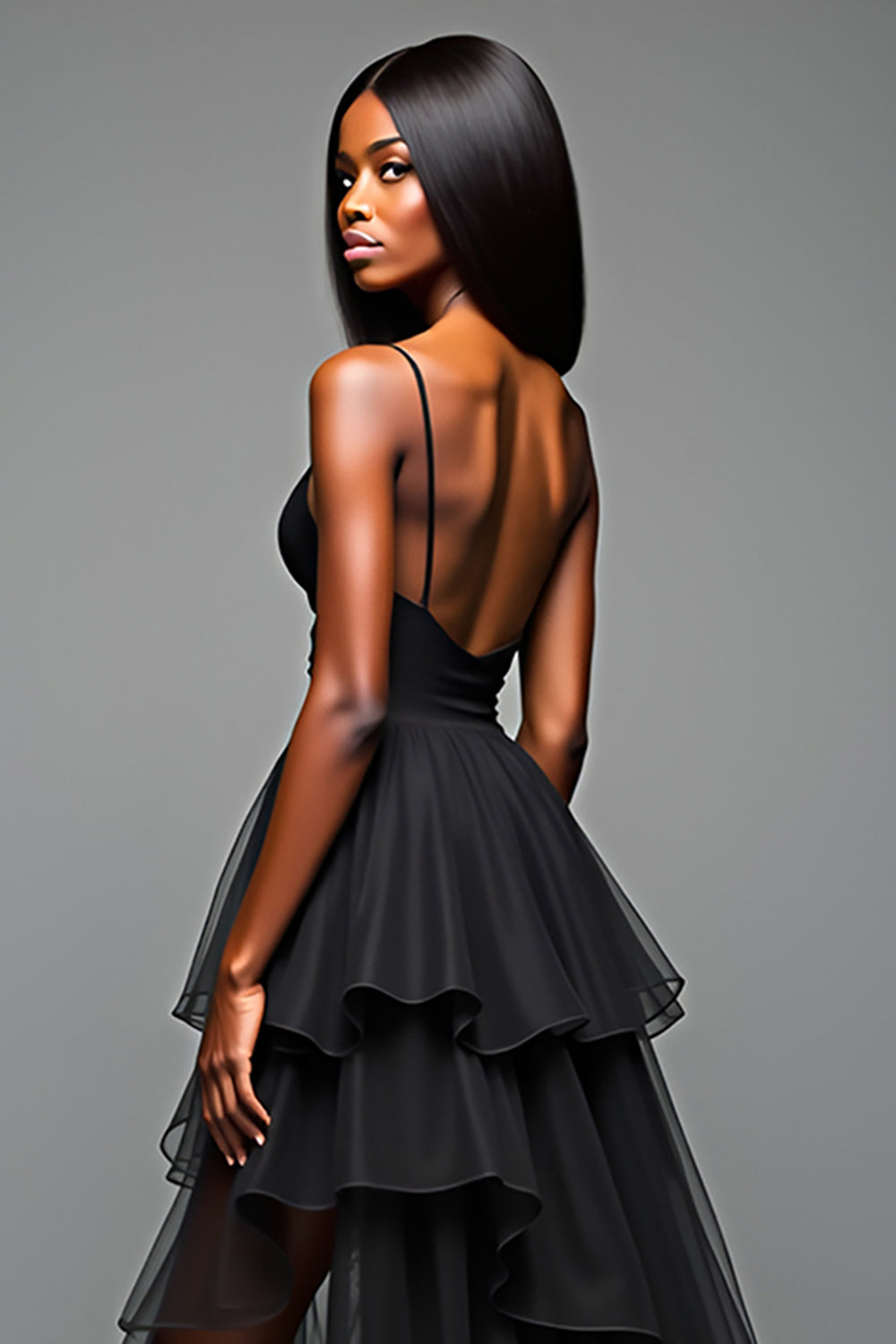 Spaghetti Straps Tiered Black A Line Long Black Tie Dress with Slit
