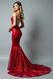 Sparkly Sequins Red Mermaid Long Prom Dress