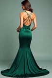 Deep V-Neck Dark Green Spaghetti Straps Long Prom Dress