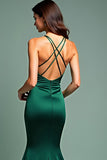 Deep V-Neck Dark Green Spaghetti Straps Long Prom Dress