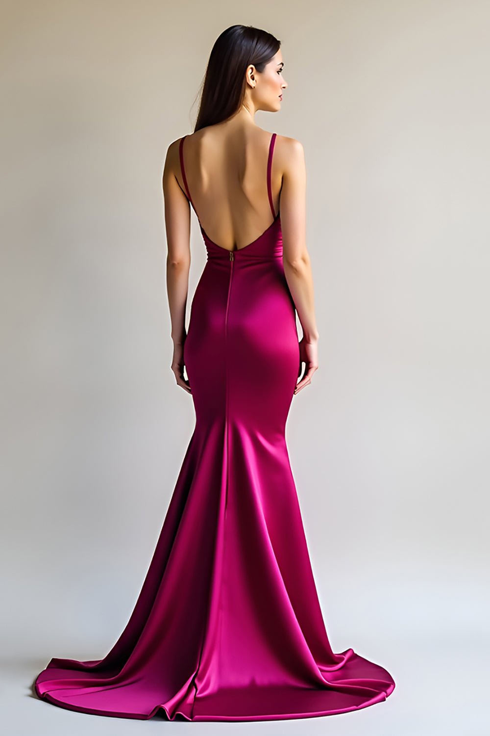 Spaghetti Straps Fuchsia Sheath Satin Long Prom Dress