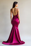 Spaghetti Straps Fuchsia Sheath Satin Long Prom Dress