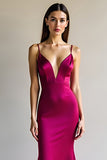Spaghetti Straps Fuchsia Sheath Satin Long Prom Dress