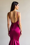 Spaghetti Straps Fuchsia Sheath Satin Long Prom Dress