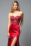 Red Sparkly Sweetheart Sheath Long Prom Dress with Slit