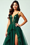 A Line Dark Green Ruffled Long Prom Dress with Slit