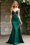 Beaded Dark Green Spaghetti Straps Long Prom Dress with Slit