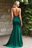 Beaded Dark Green Spaghetti Straps Long Prom Dress with Slit