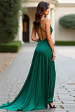 A Line Dark Green Deep V-Neck Long Prom Dress with Slit