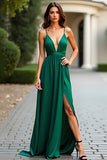 A Line Dark Green Deep V-Neck Long Prom Dress with Slit