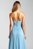 Keyhole Pleated Chiffon Blue A Line Strapless Bridesmaid Dress with Slit