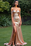 Champagne Glitter Sheath Long Prom Dress with Slit