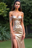 Champagne Glitter Sheath Long Prom Dress with Slit
