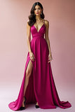 Satin Fuchsia A Line Long Prom Dress with Slit