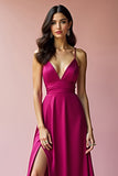 Satin Fuchsia A Line Long Prom Dress with Slit
