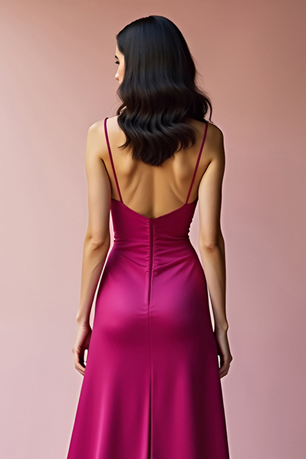 Satin Fuchsia A Line Long Prom Dress with Slit