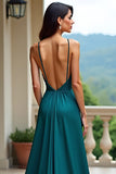 Backless Peacock Green V-Neck Long Prom Dress with Slit