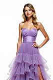 Tiered Purple Strapless Ruffled Long Prom Dress with Slit