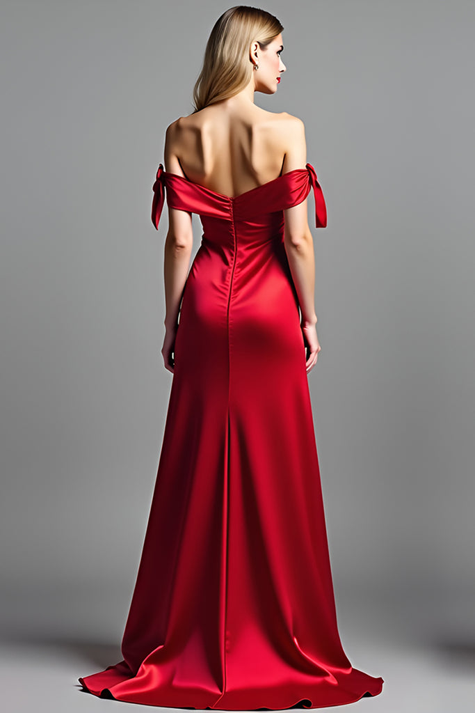 19472 Red Off-Shoulder Draped Slit Satin Dress