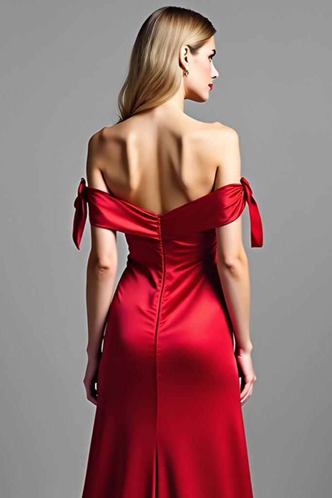 Red Pleated Side Slit Off Shoulder Floor Length Sleeveless Sheath Satin Formal Evening Dress