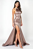 Halter Neck Dusty Rose Satin Long Prom Dress with Slit