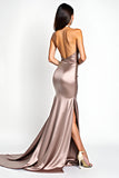 Halter Neck Dusty Rose Satin Long Prom Dress with Slit