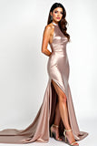 Halter Neck Dusty Rose Satin Long Prom Dress with Slit