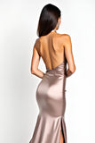 Halter Neck Dusty Rose Satin Long Prom Dress with Slit