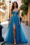 A Line Blue Strapless Ruched Long Prom Dress with Slit