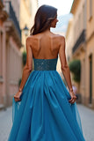 A Line Blue Strapless Ruched Long Prom Dress with Slit