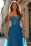 A Line Blue Strapless Ruched Long Prom Dress with Slit