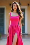 Square Neck Fuchsia A Line Ruched Long Prom Dress with Slit