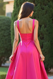 Square Neck Fuchsia A Line Ruched Long Prom Dress with Slit