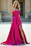 Satin Fuchsia A Line Sweetheart Long Prom Dress with Slit