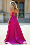 Satin Fuchsia A Line Sweetheart Long Prom Dress with Slit