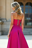 Satin Fuchsia A Line Sweetheart Long Prom Dress with Slit