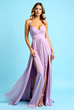 Pleated Long Elegant Lilac A Line Chiffon Bridesmaid Dress with Slit