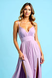 Pleated Long Elegant Lilac A Line Chiffon Bridesmaid Dress with Slit