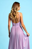 Pleated Long Elegant Lilac A Line Chiffon Bridesmaid Dress with Slit