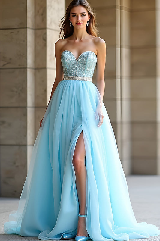 Sweetheart Beaded Light Blue A Line Long Prom Dress with Slit