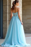 Sweetheart Beaded Light Blue A Line Long Prom Dress with Slit