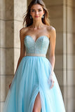 Sweetheart Beaded Light Blue A Line Long Prom Dress with Slit