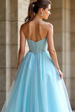 Sweetheart Beaded Light Blue A Line Long Prom Dress with Slit